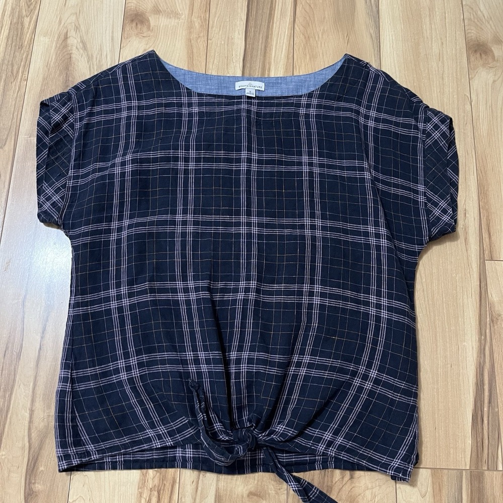 LL Bean Women's Blue Linen Tie Front Plaid Blouse Cap Sleeve Sz S Coastal Resort